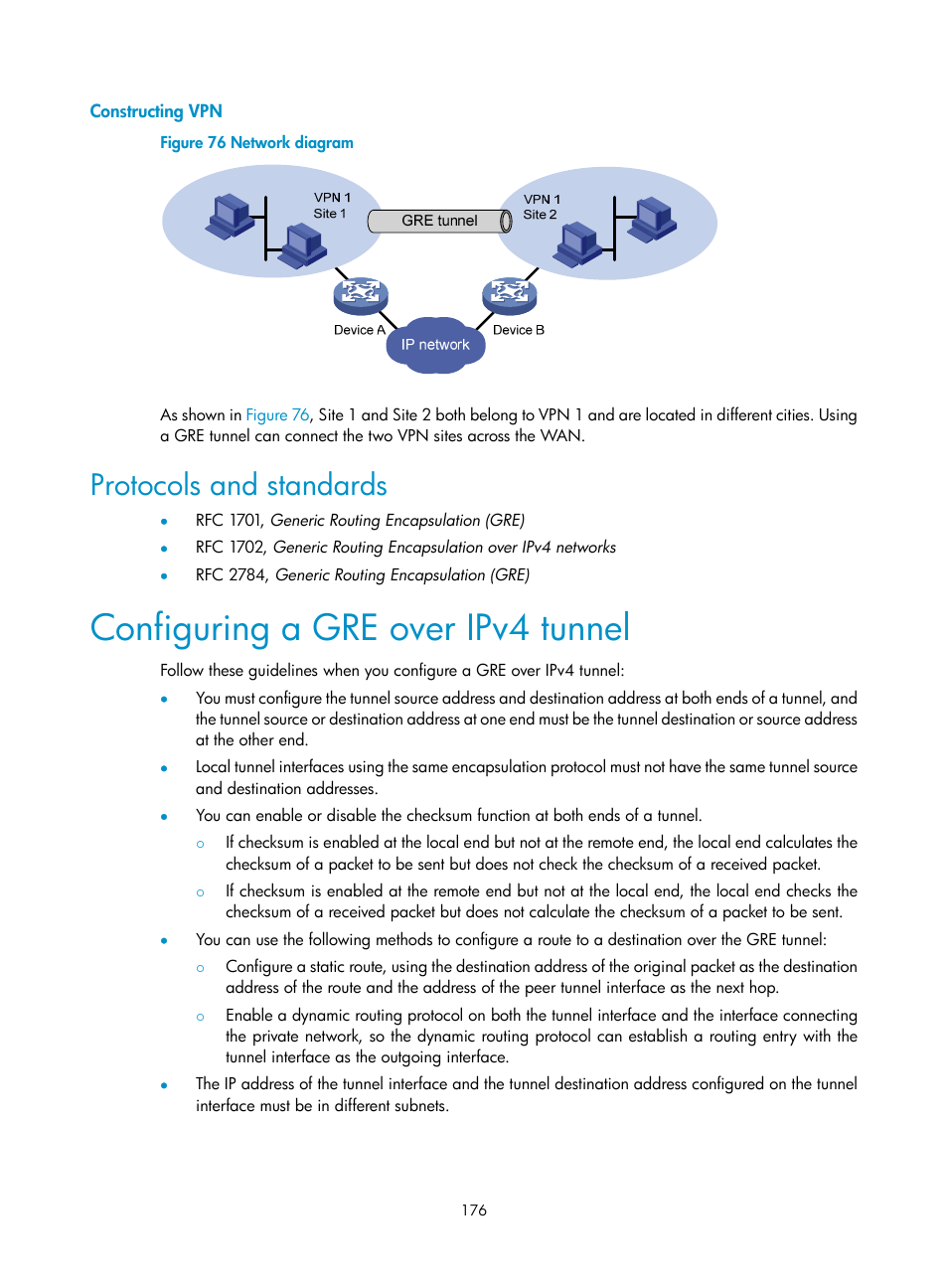 Displaying and maintaining ipv6 basics, Configuring a gre over ipv4 tunnel, Protocols and standards | H3C Technologies H3C S12500 Series Switches User Manual | Page 189 / 197