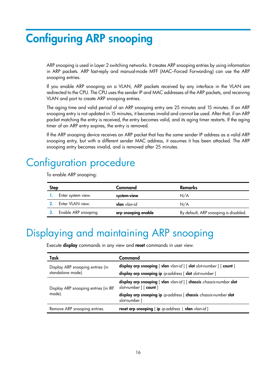 Configuring arp snooping, Configuration procedure, Displaying and maintaining arp snooping | H3C Technologies H3C S12500 Series Switches User Manual | Page 29 / 197