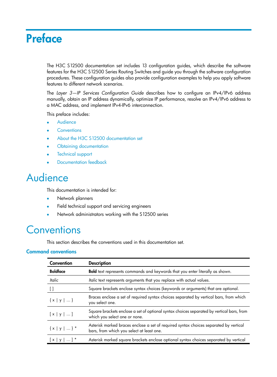 Preface, Audience, Conventions | Command conventions | H3C Technologies H3C S12500 Series Switches User Manual | Page 3 / 197