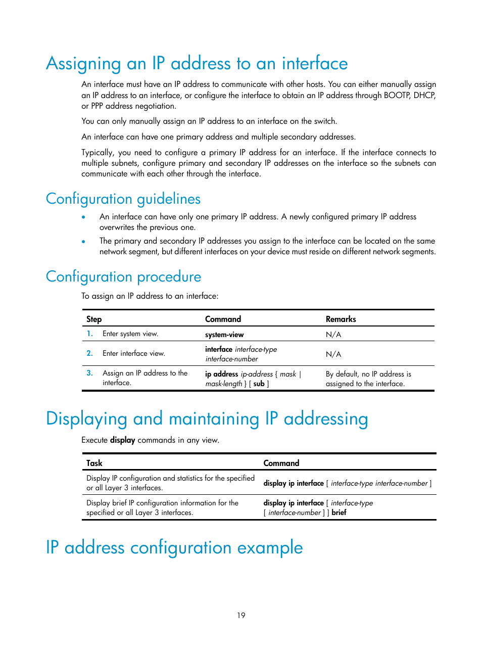 Assigning an ip address to an interface, Displaying and maintaining ip addressing, Ip address configuration example | Configuration guidelines, Configuration procedure | H3C Technologies H3C S12500 Series Switches User Manual | Page 32 / 197