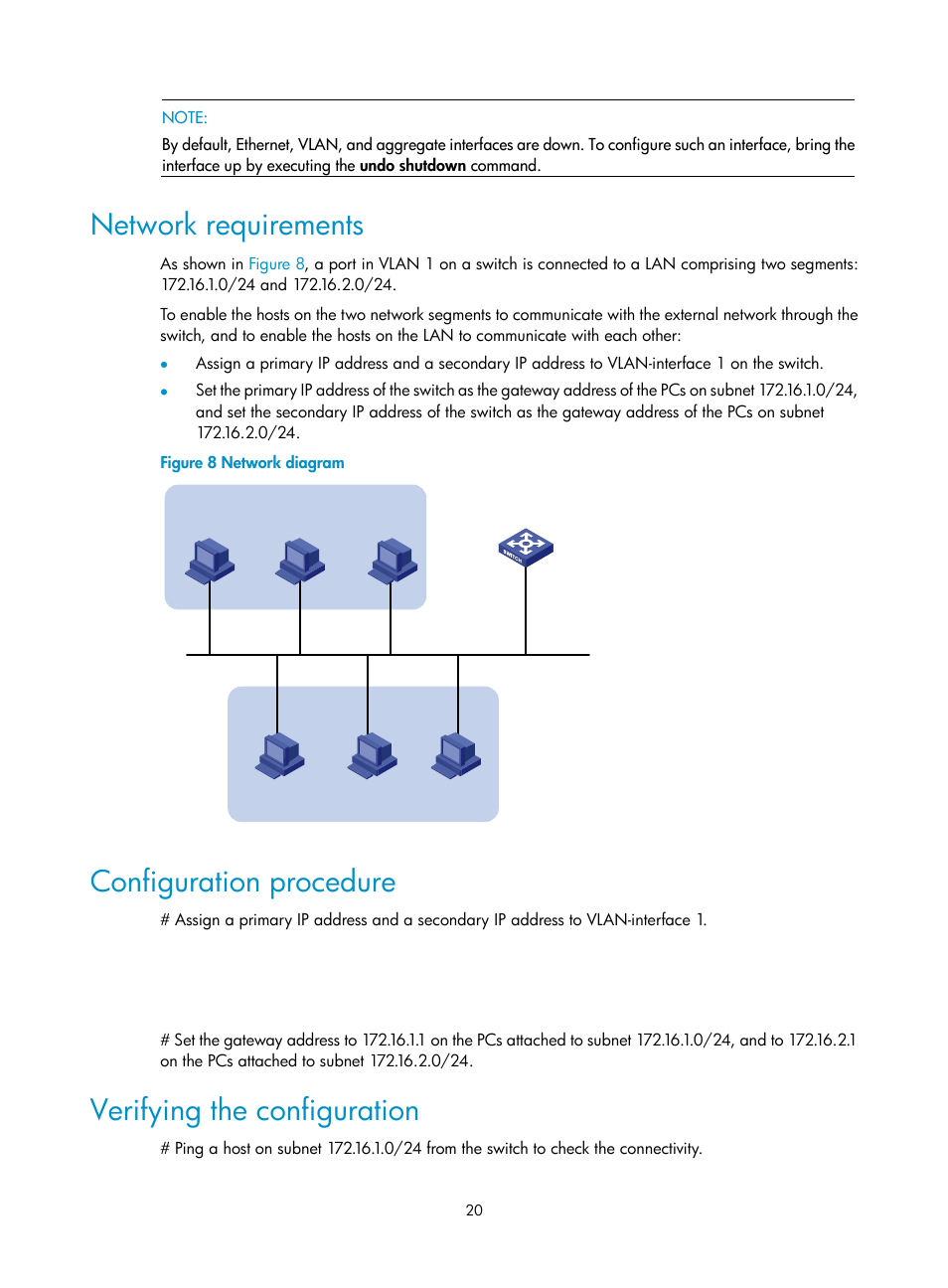 Network requirements, Configuration procedure, Verifying the configuration | H3C Technologies H3C S12500 Series Switches User Manual | Page 33 / 197