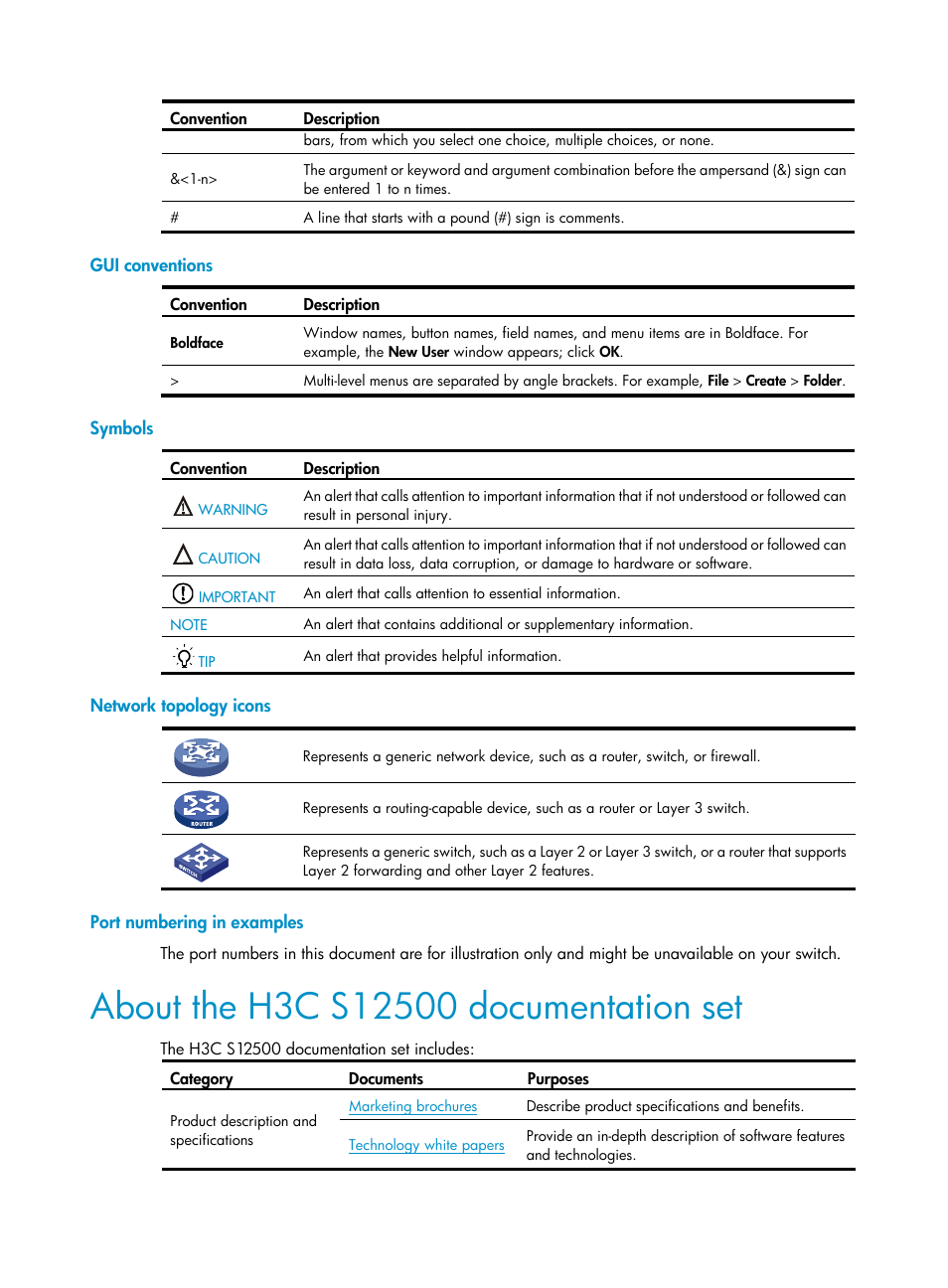 Gui conventions, Symbols, Network topology icons | Port numbering in examples, About the h3c s12500 documentation set | H3C Technologies H3C S12500 Series Switches User Manual | Page 4 / 197