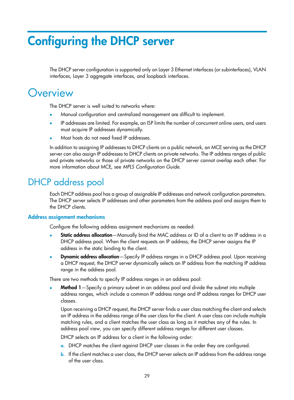 Configuring the dhcp server, Overview, Dhcp address pool | H3C Technologies H3C S12500 Series Switches User Manual | Page 42 / 197