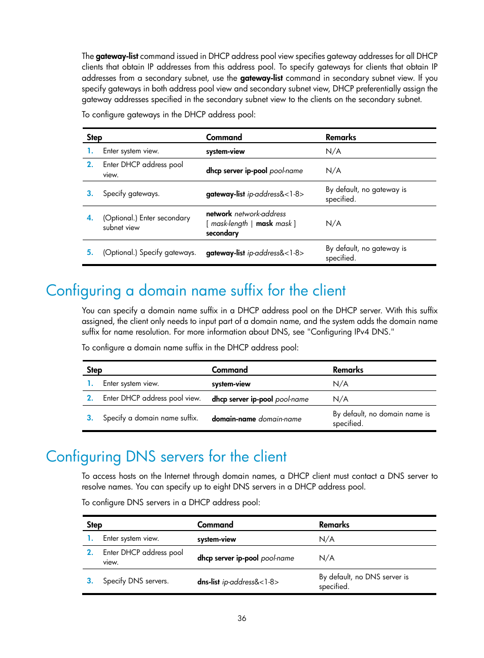 Custom dhcp options, Configuring a domain name suffix for the client, Configuring dns servers for the client | H3C Technologies H3C S12500 Series Switches User Manual | Page 49 / 197