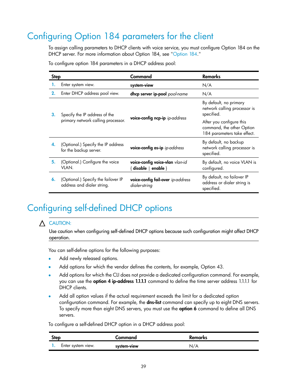 Configuring option 184 parameters for the client, Configuring self-defined dhcp options | H3C Technologies H3C S12500 Series Switches User Manual | Page 52 / 197