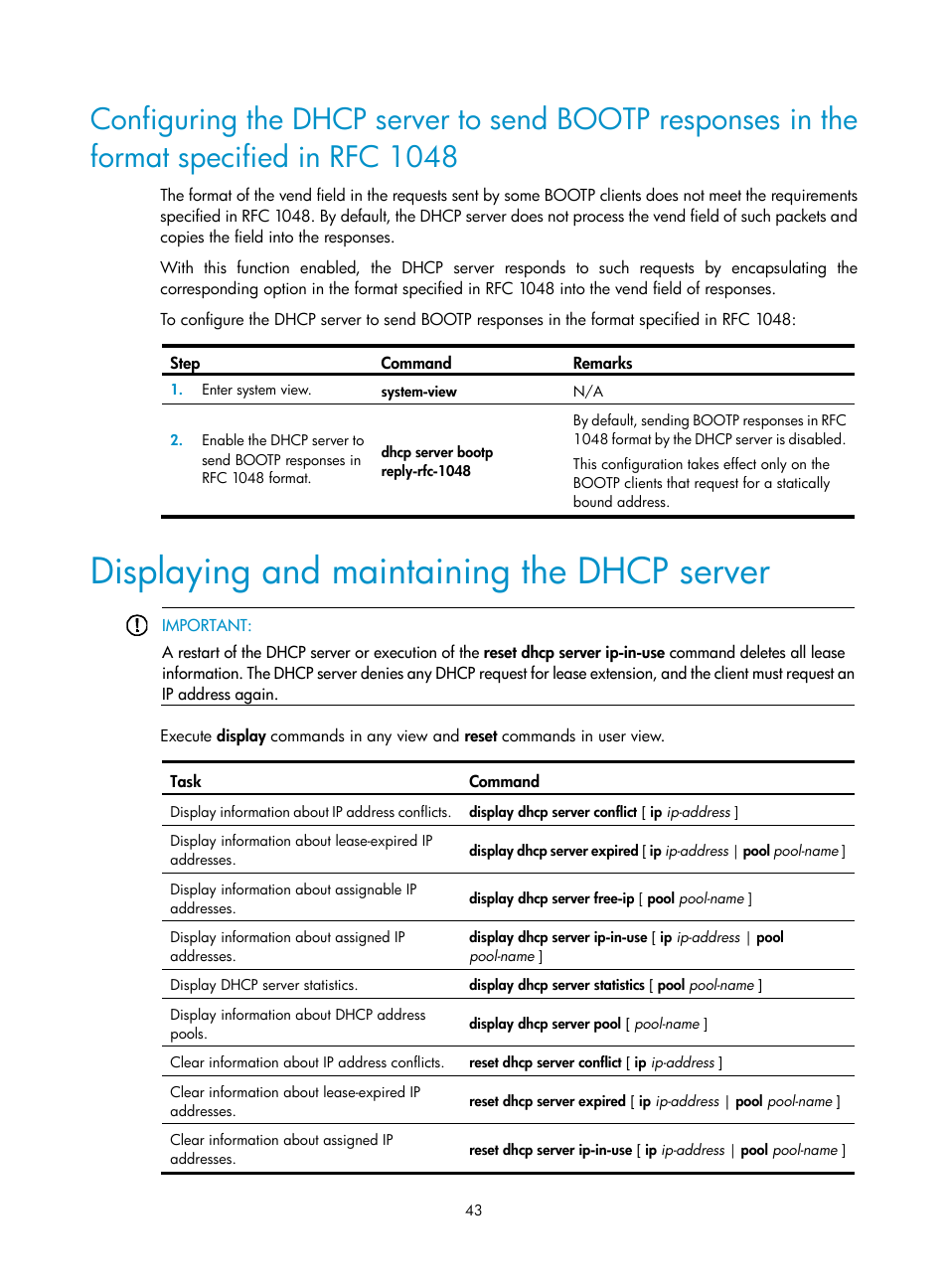 Dhcp server configuration task list, Configuring an address pool on the dhcp server, Displaying and maintaining the dhcp server | H3C Technologies H3C S12500 Series Switches User Manual | Page 56 / 197