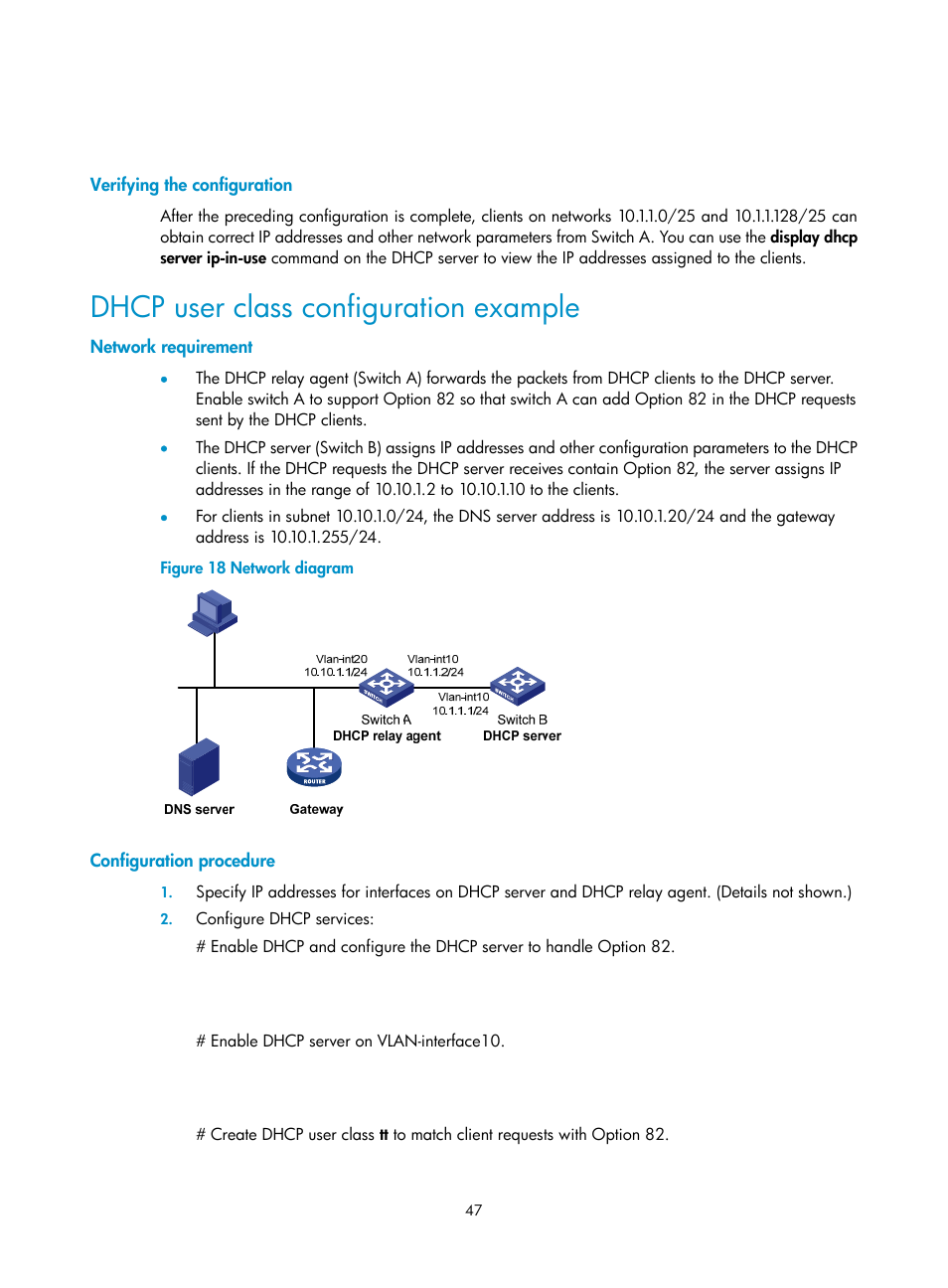 Dhcp user class configuration example | H3C Technologies H3C S12500 Series Switches User Manual | Page 60 / 197