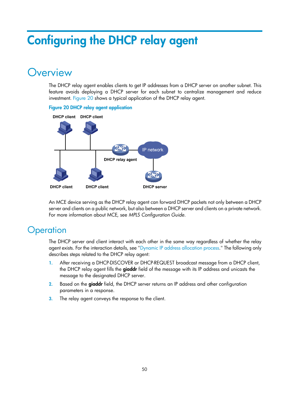 Configuring dns servers for the client, Configuring the dhcp relay agent, Overview | Operation | H3C Technologies H3C S12500 Series Switches User Manual | Page 63 / 197