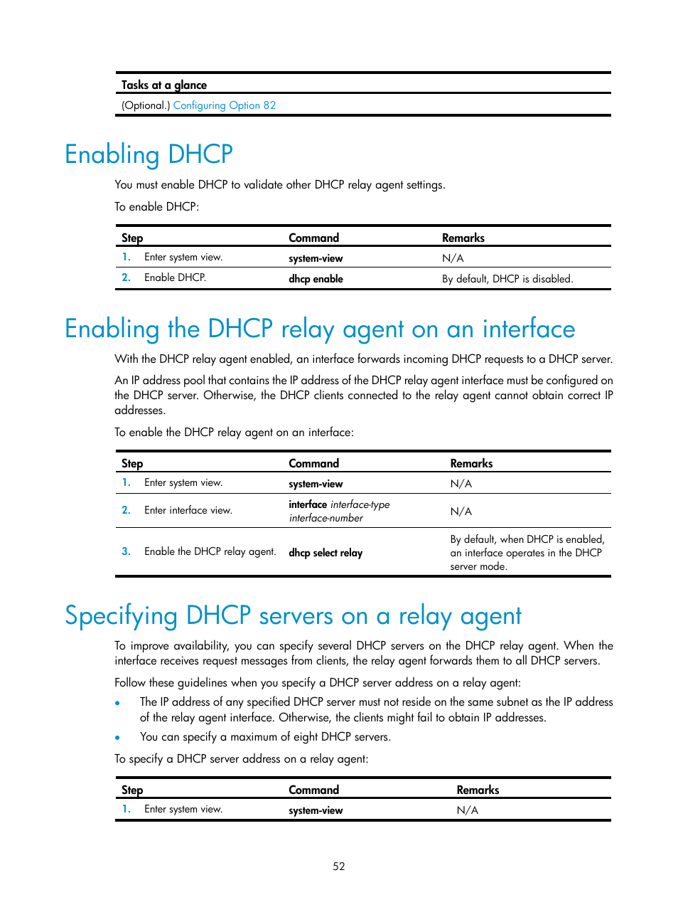 Configuring bims server information for the client, Enabling dhcp, Enabling the dhcp relay agent on an interface | Specifying dhcp servers on a relay agent | H3C Technologies H3C S12500 Series Switches User Manual | Page 65 / 197
