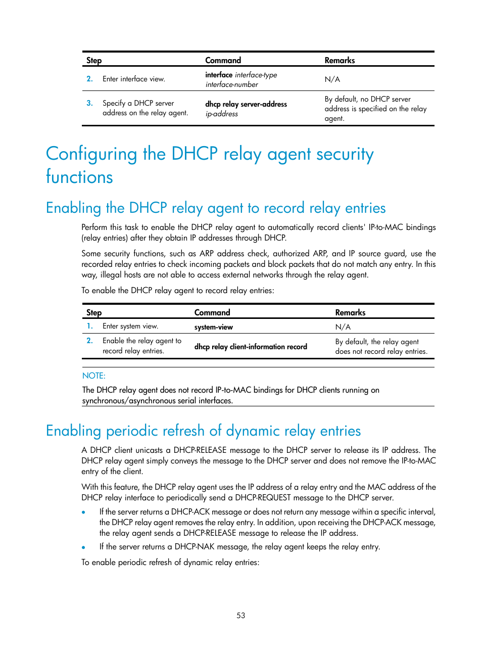 Specifying a server for the dhcp client, Enabling periodic refresh of dynamic relay entries | H3C Technologies H3C S12500 Series Switches User Manual | Page 66 / 197