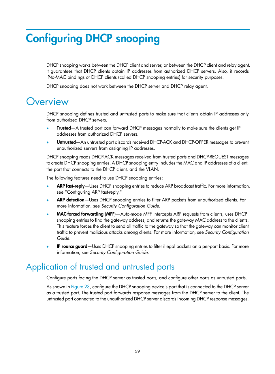 Configuring dhcp server compatibility, Configuring dhcp snooping, Overview | Application of trusted and untrusted ports | H3C Technologies H3C S12500 Series Switches User Manual | Page 72 / 197