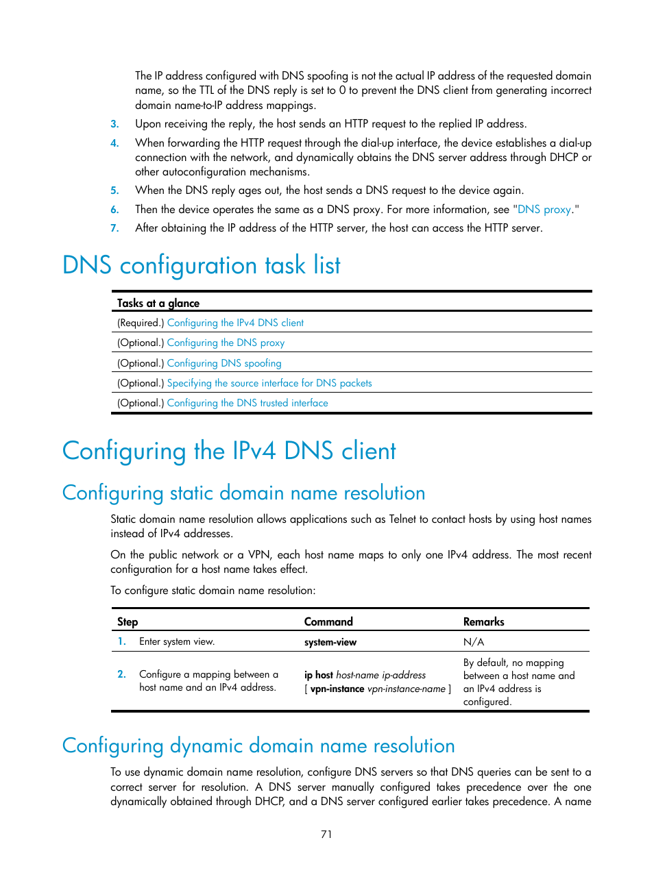 Configuring the dhcp relay agent, Overview, Dns configuration task list | Configuring the ipv4 dns client, Configuring static domain name resolution, Configuring dynamic domain name resolution | H3C Technologies H3C S12500 Series Switches User Manual | Page 84 / 197