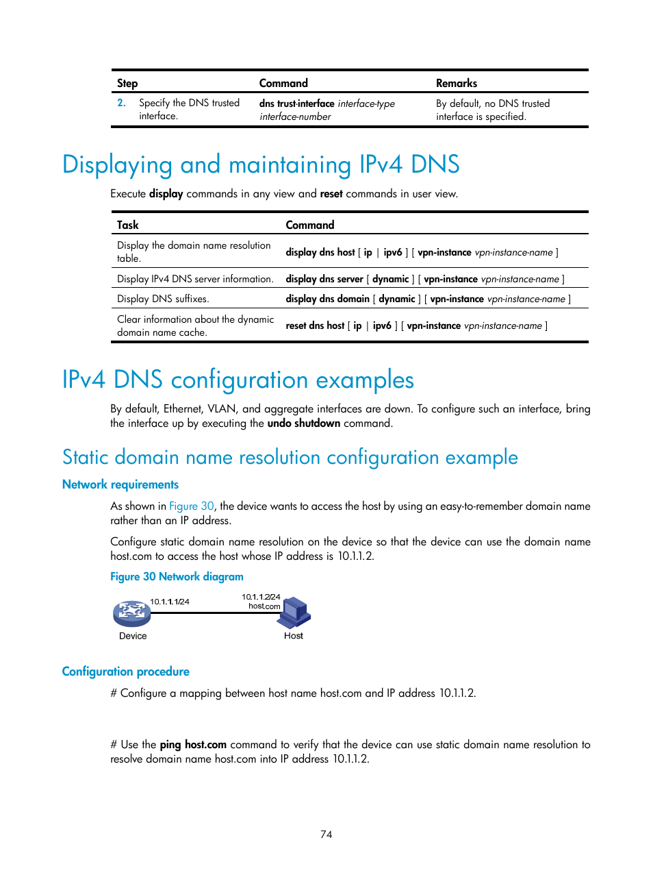 Enabling the dhcp relay agent on an interface, Specifying dhcp servers on a relay agent, Displaying and maintaining ipv4 dns | Ipv4 dns configuration examples | H3C Technologies H3C S12500 Series Switches User Manual | Page 87 / 197