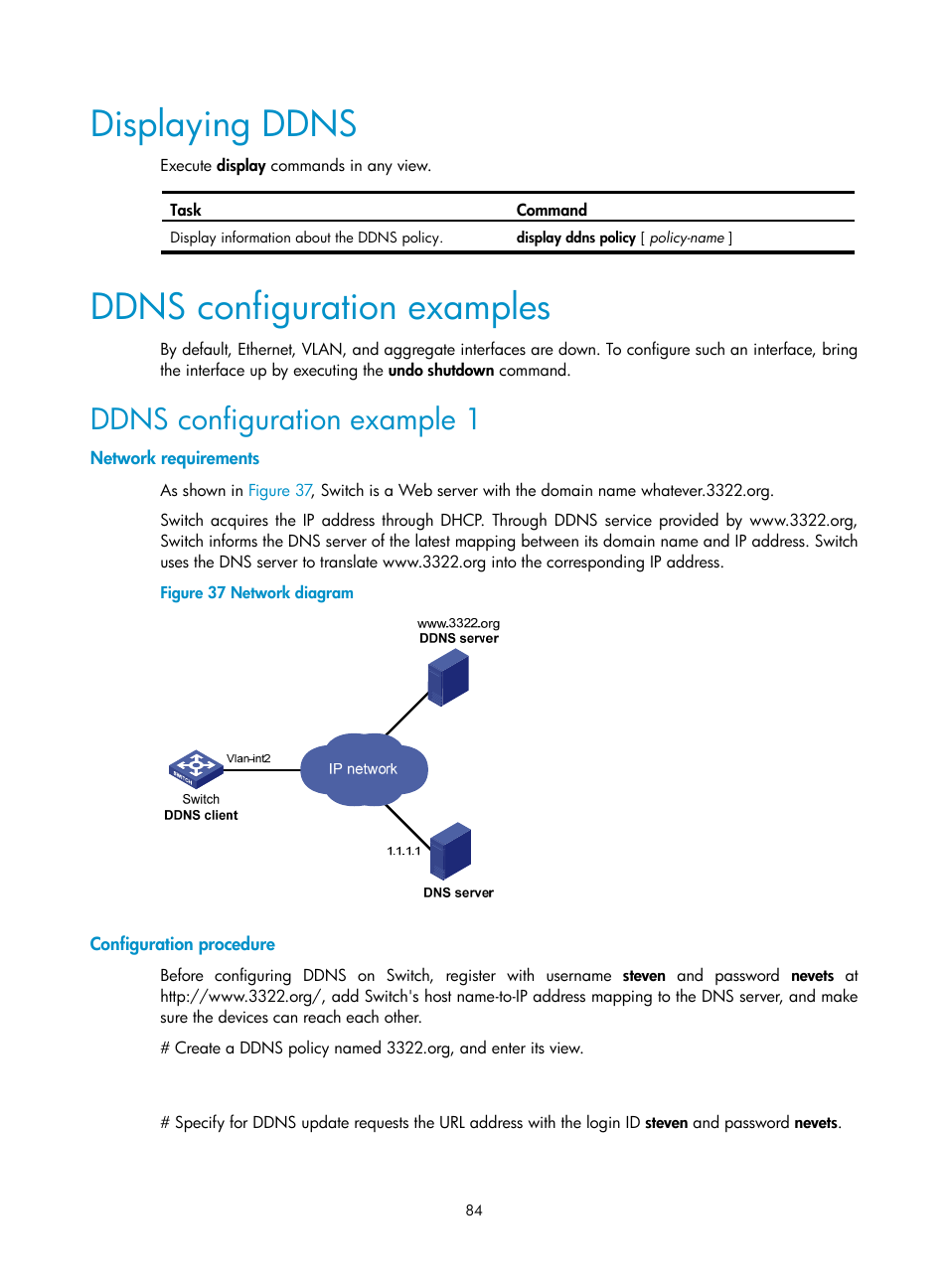 Displaying ddns, Ddns configuration examples, Ddns configuration example 1 | H3C Technologies H3C S12500 Series Switches User Manual | Page 97 / 197