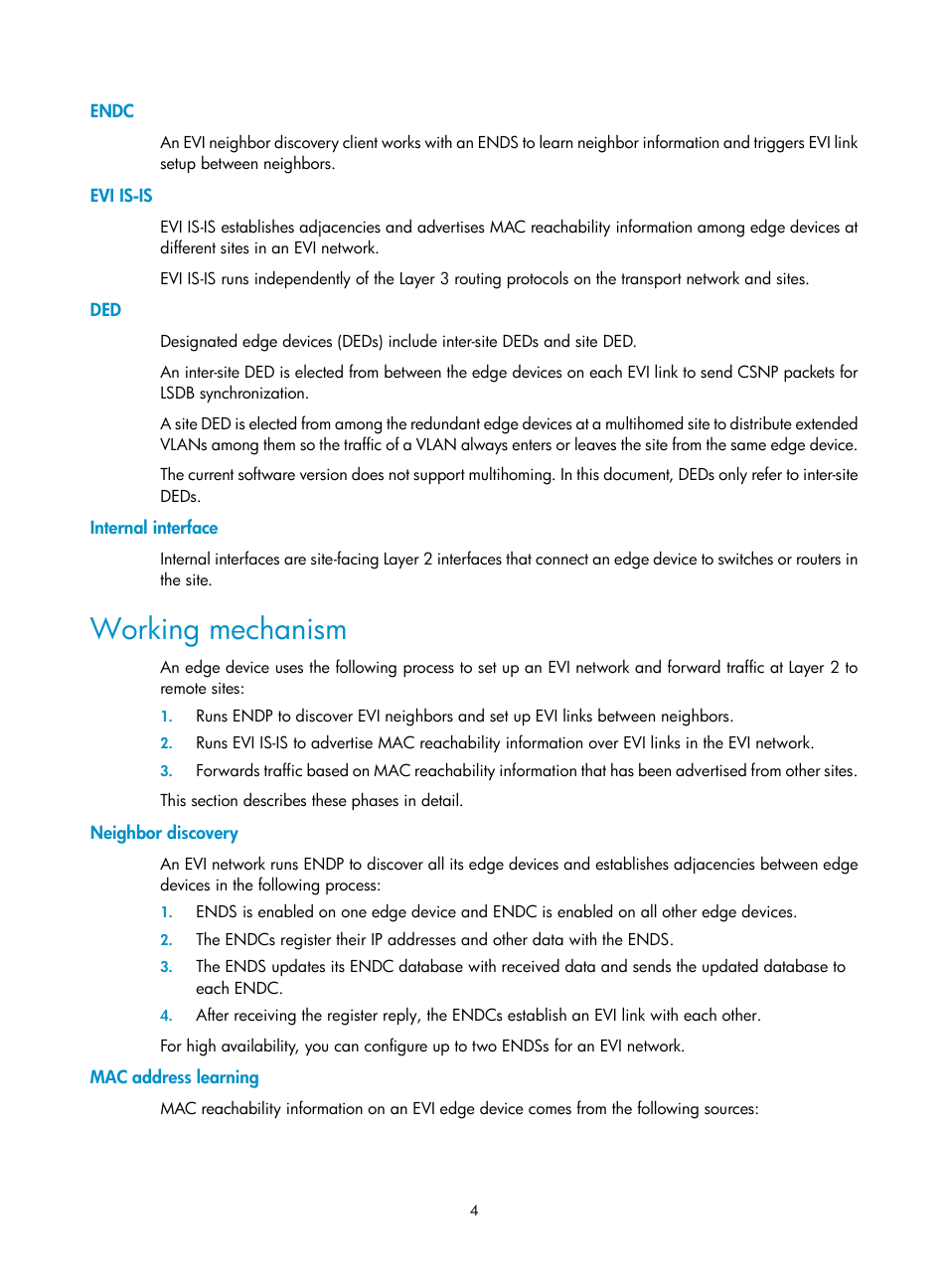 Endc, Evi is-is, Internal interface | Working mechanism, Neighbor discovery, Mac address learning, Terminology | H3C Technologies H3C S12500 Series Switches User Manual | Page 11 / 39