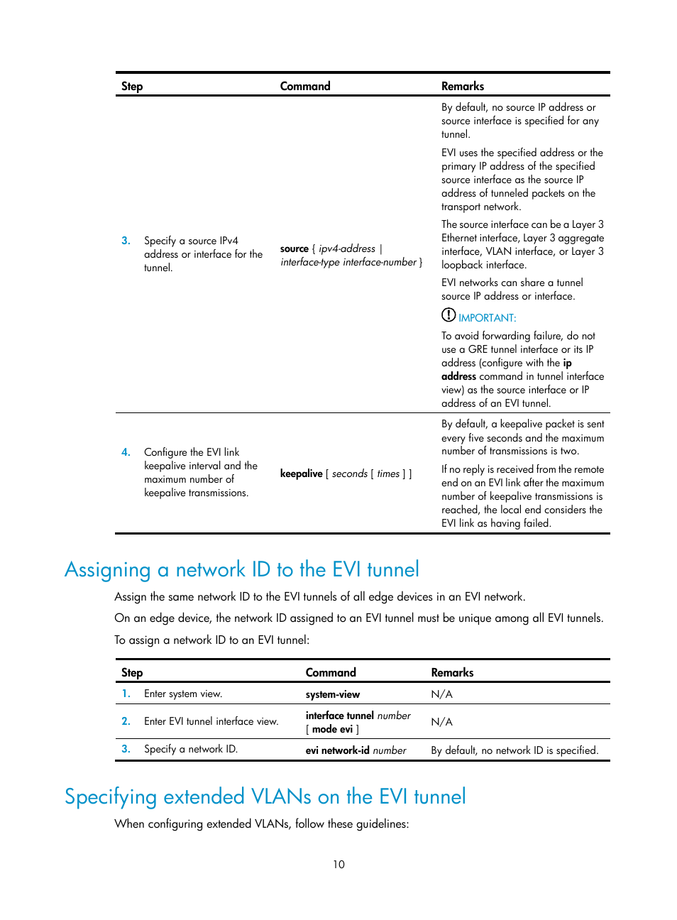 Assigning a network id to the evi tunnel, Specifying extended vlans on the evi tunnel, Arp flooding suppression | H3C Technologies H3C S12500 Series Switches User Manual | Page 17 / 39
