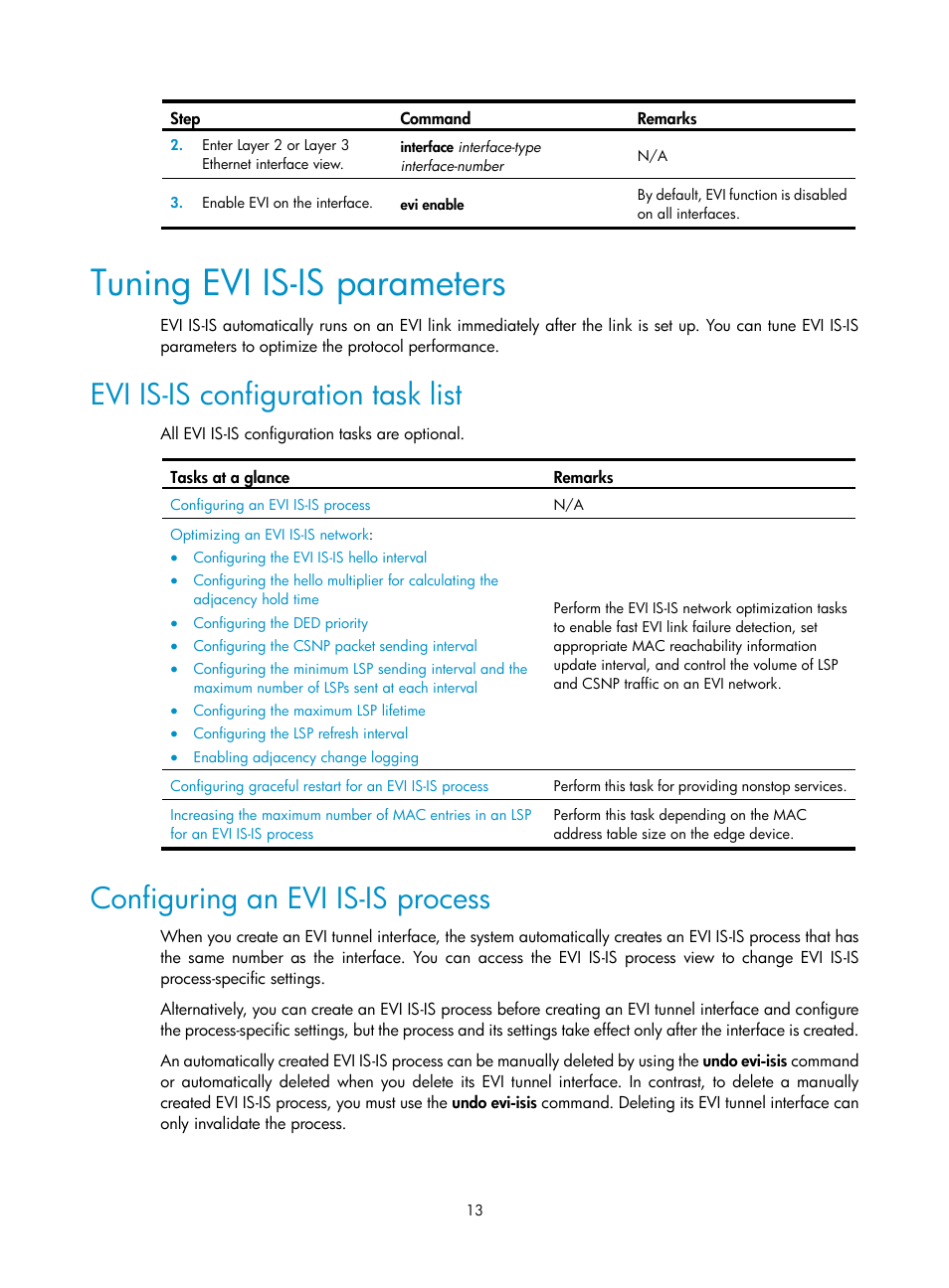 Tuning evi is-is parameters, Evi is-is configuration task list, Configuring an evi is-is process | Configuring evi basic functions, Configuring an ipv4 evi tunnel | H3C Technologies H3C S12500 Series Switches User Manual | Page 20 / 39