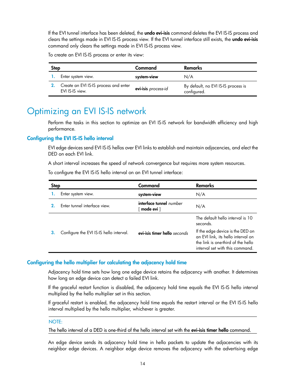 Optimizing an evi is-is network, Configuring the evi is-is hello interval, Assigning a network id to the evi tunnel | Adjacency hold time | H3C Technologies H3C S12500 Series Switches User Manual | Page 21 / 39