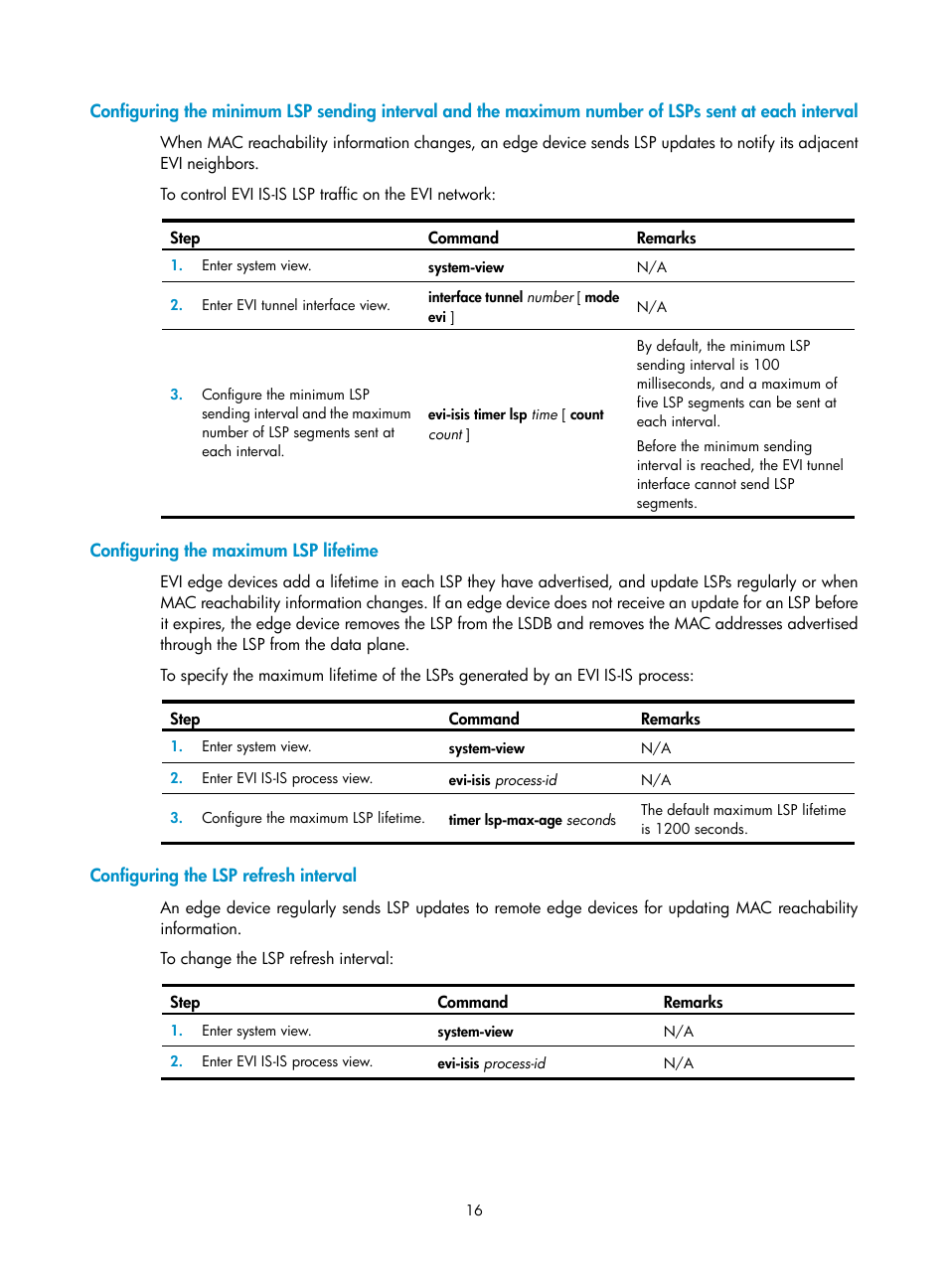 Configuring the maximum lsp lifetime, Configuring the lsp refresh interval, Maximum number of lsps sent at each interval | H3C Technologies H3C S12500 Series Switches User Manual | Page 23 / 39