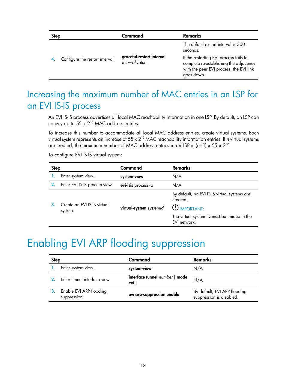 Enabling evi arp flooding suppression, Tuning evi is-is parameters, Evi is-is configuration task list | H3C Technologies H3C S12500 Series Switches User Manual | Page 25 / 39
