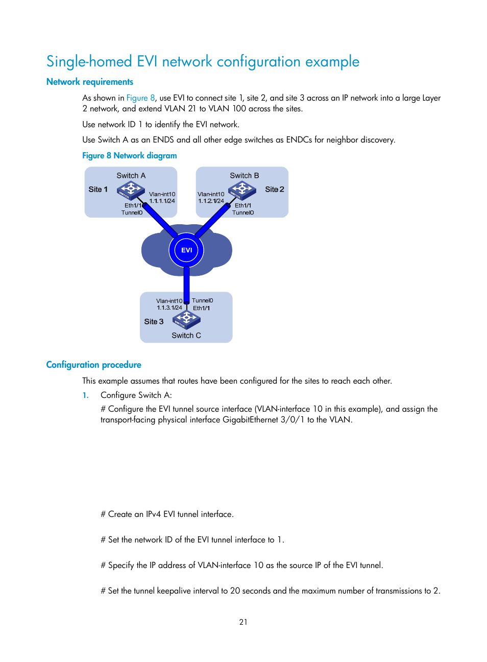 Single-homed evi network configuration example, Network requirements, Configuration procedure | H3C Technologies H3C S12500 Series Switches User Manual | Page 28 / 39