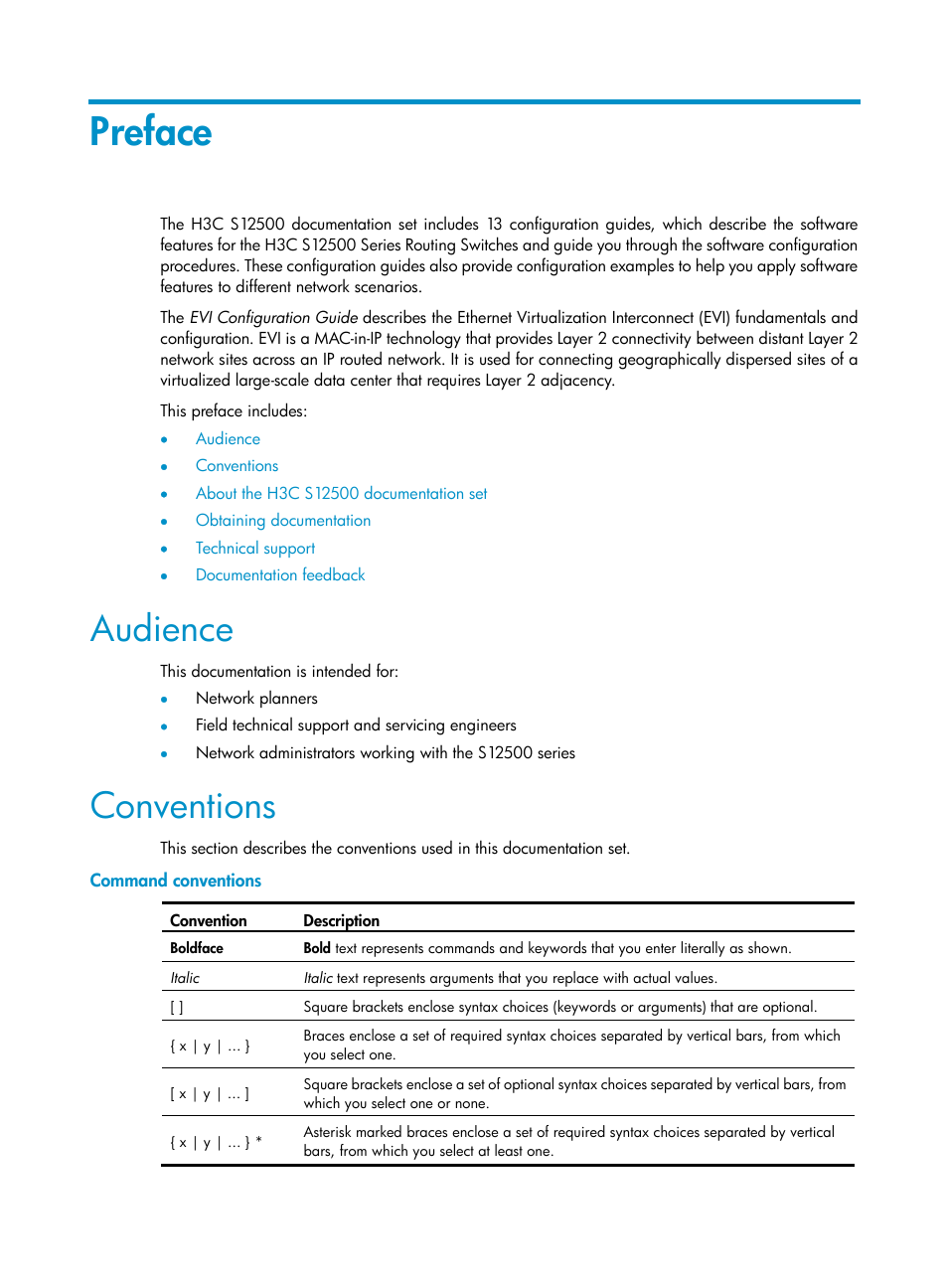 Preface, Audience, Conventions | Command conventions | H3C Technologies H3C S12500 Series Switches User Manual | Page 3 / 39