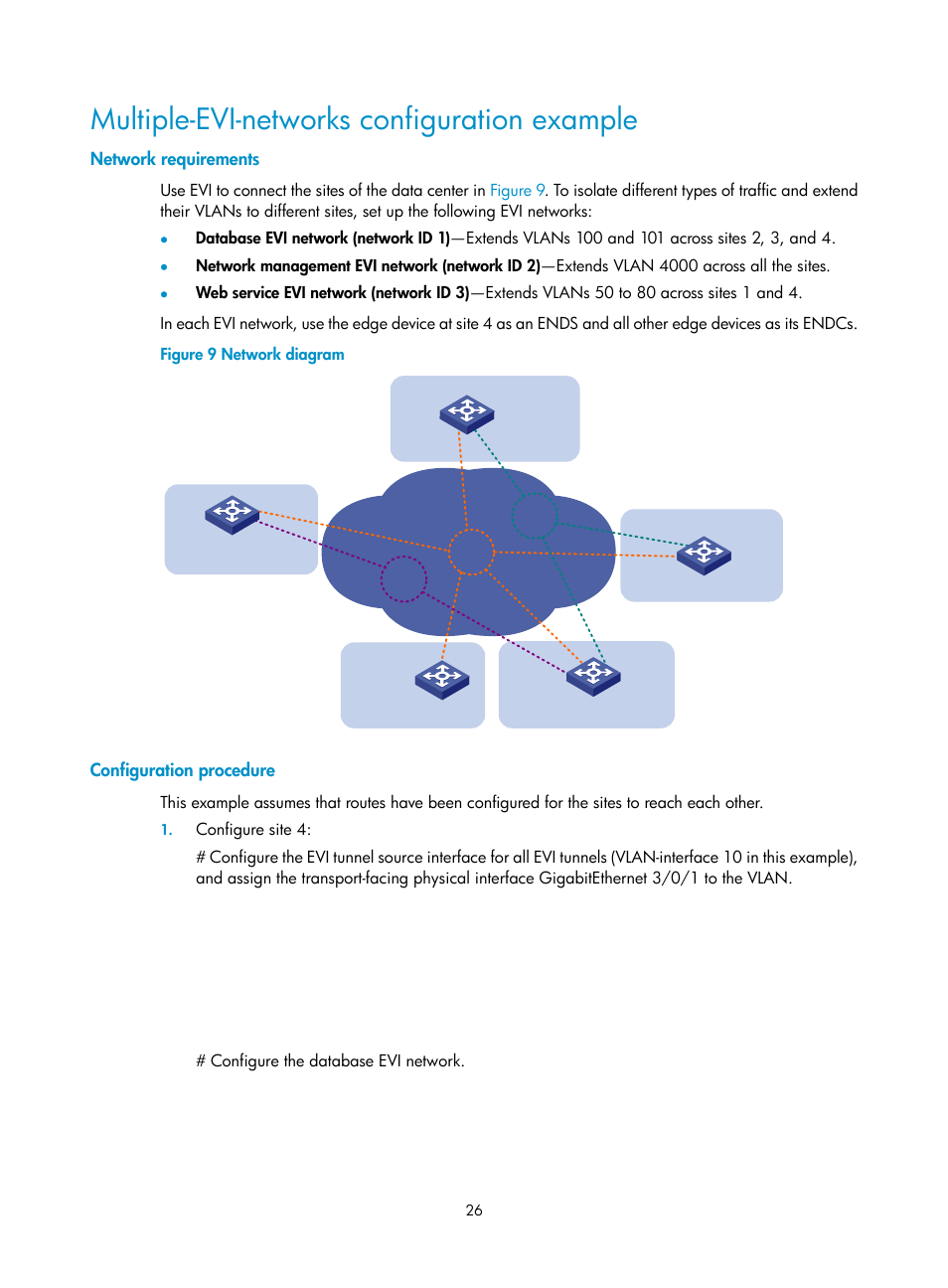 Multiple-evi-networks configuration example, Network requirements, Configuration procedure | Enabling evi arp flooding suppression | H3C Technologies H3C S12500 Series Switches User Manual | Page 33 / 39