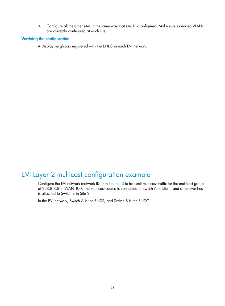 Verifying the configuration, Evi layer 2 multicast configuration example, Displaying and maintaining evi | H3C Technologies H3C S12500 Series Switches User Manual | Page 35 / 39