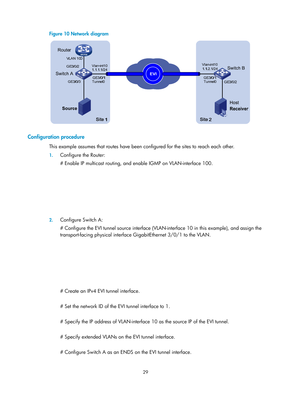 Configuration procedure, Evi configuration examples | H3C Technologies H3C S12500 Series Switches User Manual | Page 36 / 39