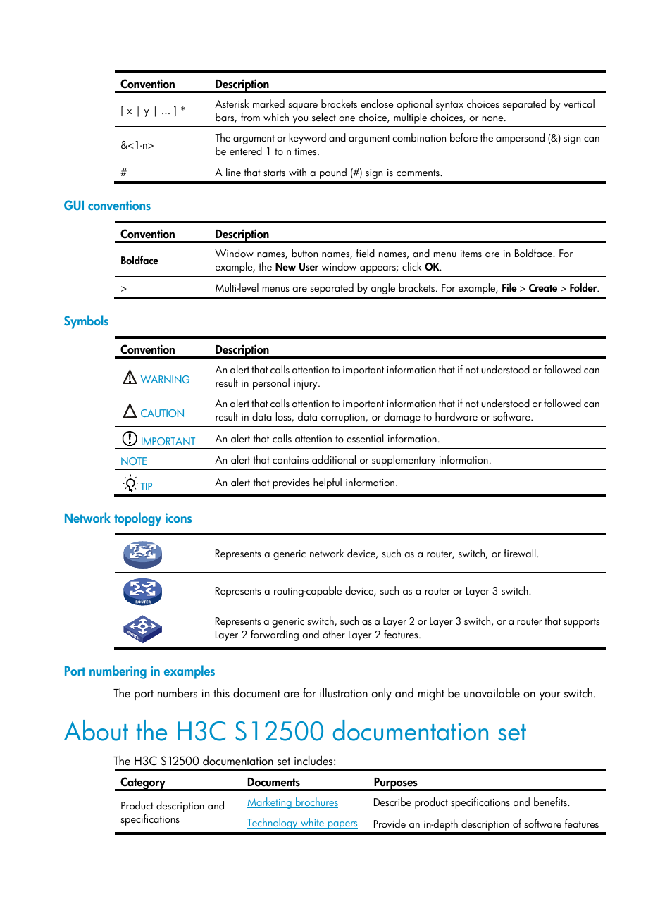 Gui conventions, Symbols, Network topology icons | Port numbering in examples, About the h3c s12500 documentation set | H3C Technologies H3C S12500 Series Switches User Manual | Page 4 / 39