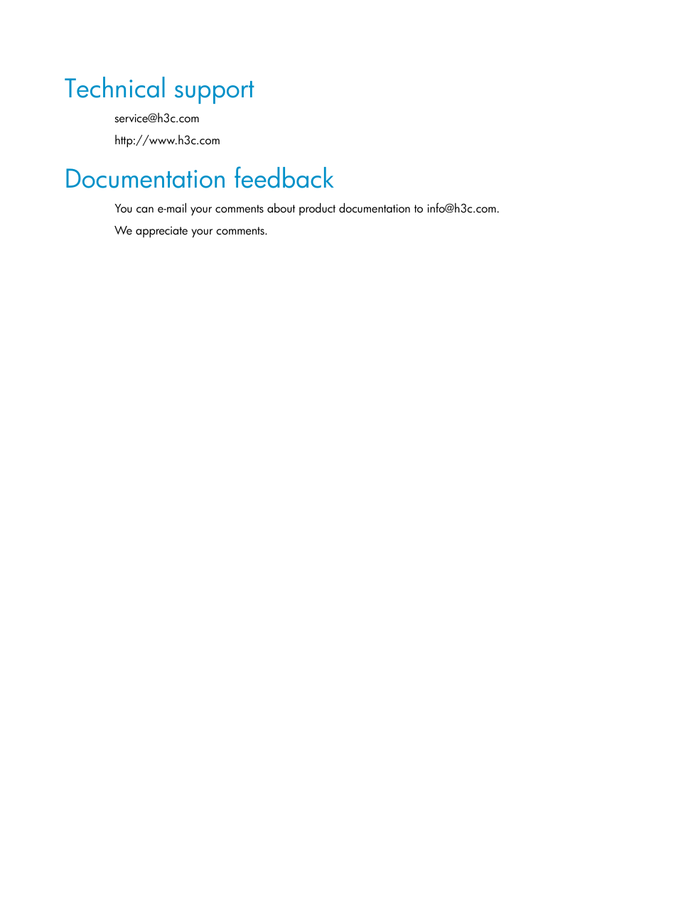 Technical support, Documentation feedback | H3C Technologies H3C S12500 Series Switches User Manual | Page 6 / 39