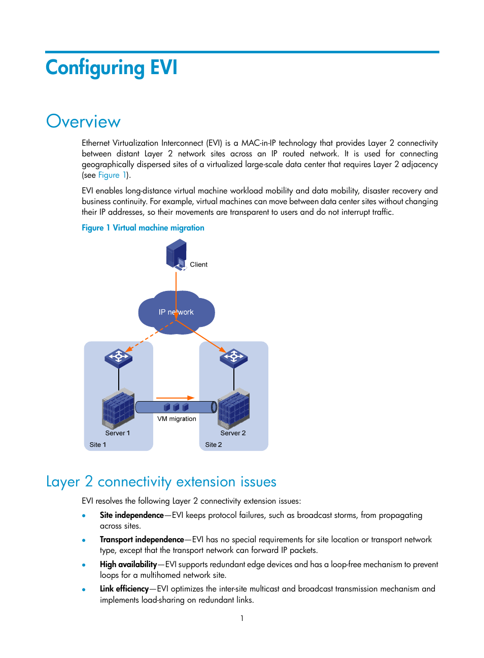 Configuring evi, Overview, Layer 2 connectivity extension issues | H3C Technologies H3C S12500 Series Switches User Manual | Page 8 / 39