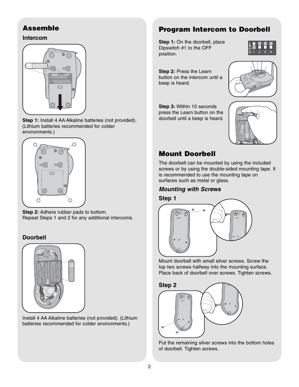 Assemble, Doorbell, Program intercom to doorbell | Mount doorbell | Chamberlain RFDI User Manual | Page 2 / 6