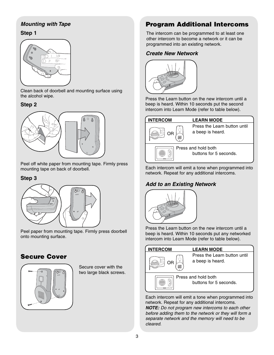 Mounting with tape, Secure cover, Program additional intercoms | Add to an existing network | Chamberlain RFDI User Manual | Page 3 / 6