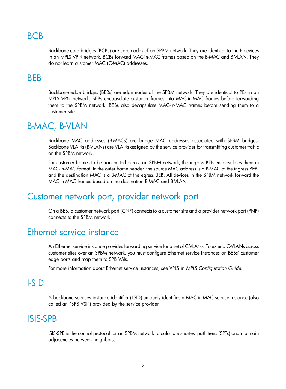 B-mac, b-vlan, Customer network port, provider network port, Ethernet service instance | I-sid, Isis-spb | H3C Technologies H3C S12500 Series Switches User Manual | Page 10 / 59