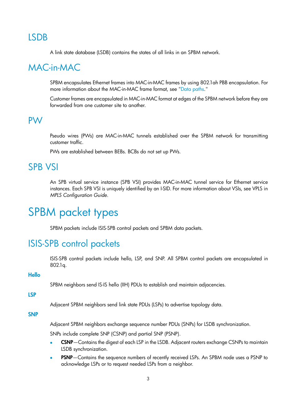 Lsdb, Mac-in-mac, Spb vsi | Spbm packet types, Isis-spb control packets, Hello | H3C Technologies H3C S12500 Series Switches User Manual | Page 11 / 59