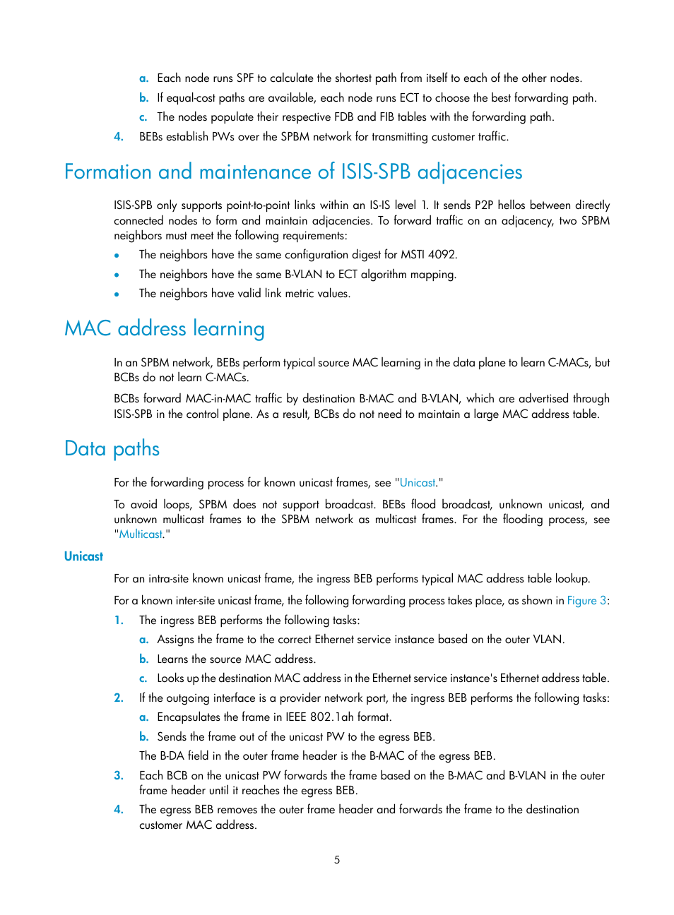 Formation and maintenance of isis-spb adjacencies, Mac address learning, Data paths | Unicast | H3C Technologies H3C S12500 Series Switches User Manual | Page 13 / 59