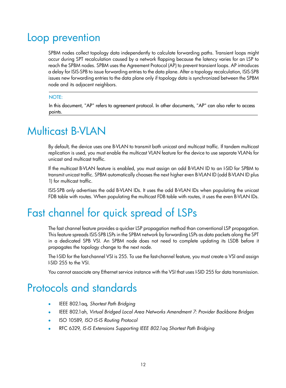Loop prevention, Multicast b-vlan, Fast channel for quick spread of lsps | Protocols and standards | H3C Technologies H3C S12500 Series Switches User Manual | Page 20 / 59