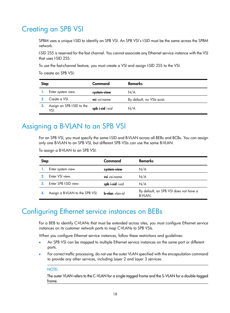 Creating an spb vsi, Assigning a b-vlan to an spb vsi, Configuring ethernet service instances on bebs | H3C Technologies H3C S12500 Series Switches User Manual | Page 26 / 59