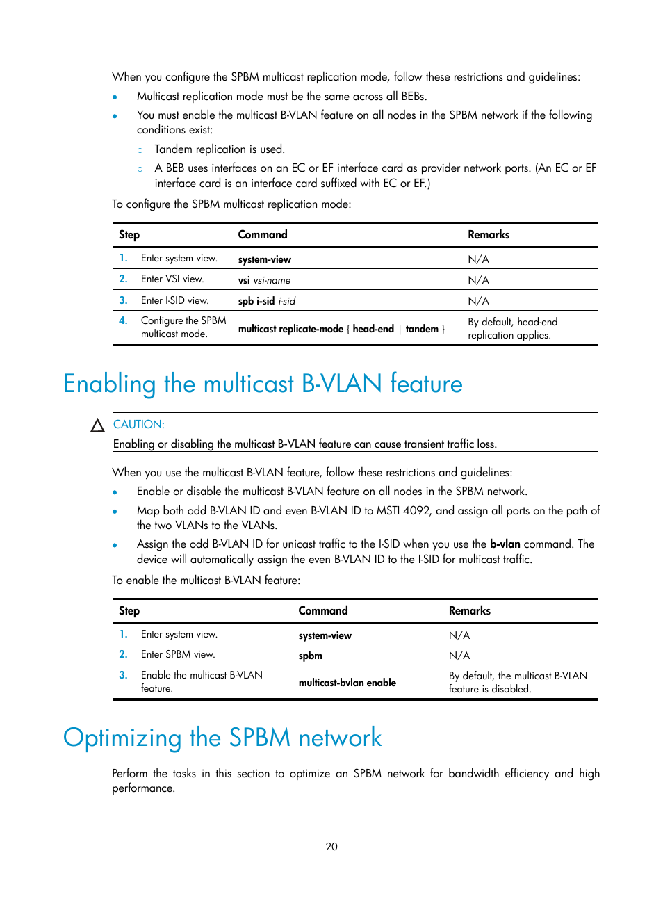 Enabling the multicast b-vlan feature, Optimizing the spbm network | H3C Technologies H3C S12500 Series Switches User Manual | Page 28 / 59