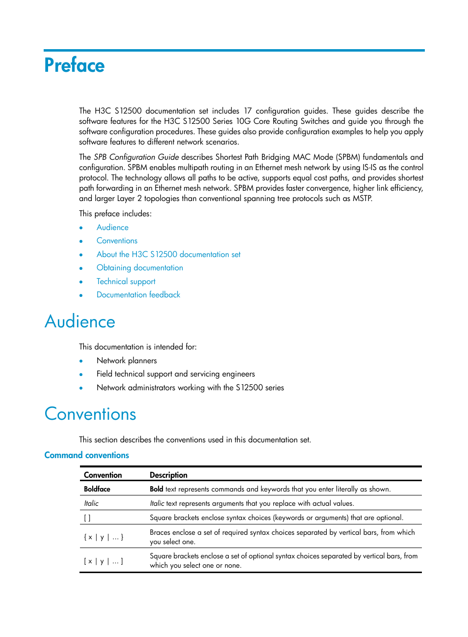 Preface, Audience, Conventions | Command conventions | H3C Technologies H3C S12500 Series Switches User Manual | Page 3 / 59