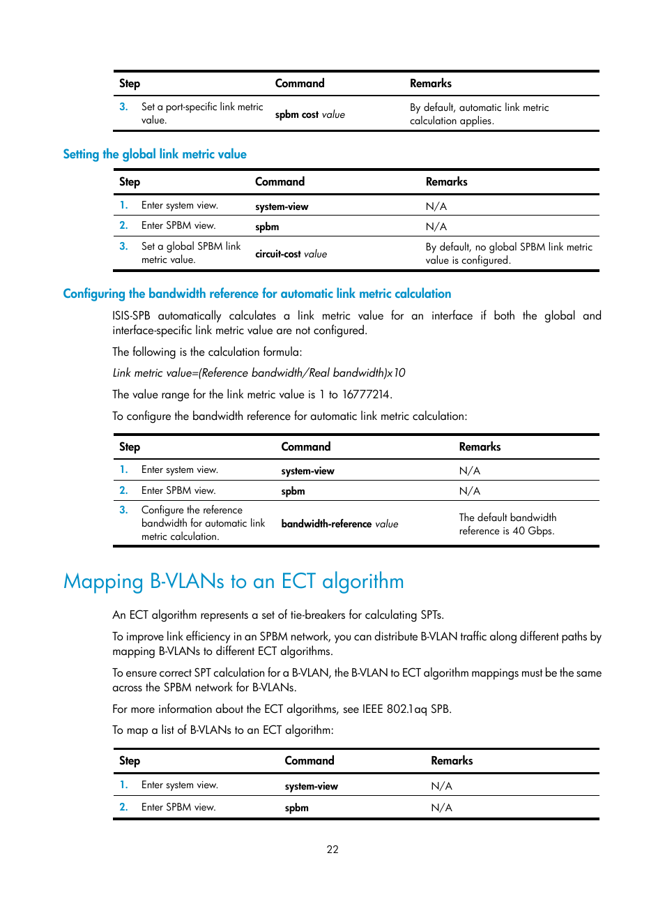 Setting the global link metric value, Mapping b-vlans to an ect algorithm | H3C Technologies H3C S12500 Series Switches User Manual | Page 30 / 59