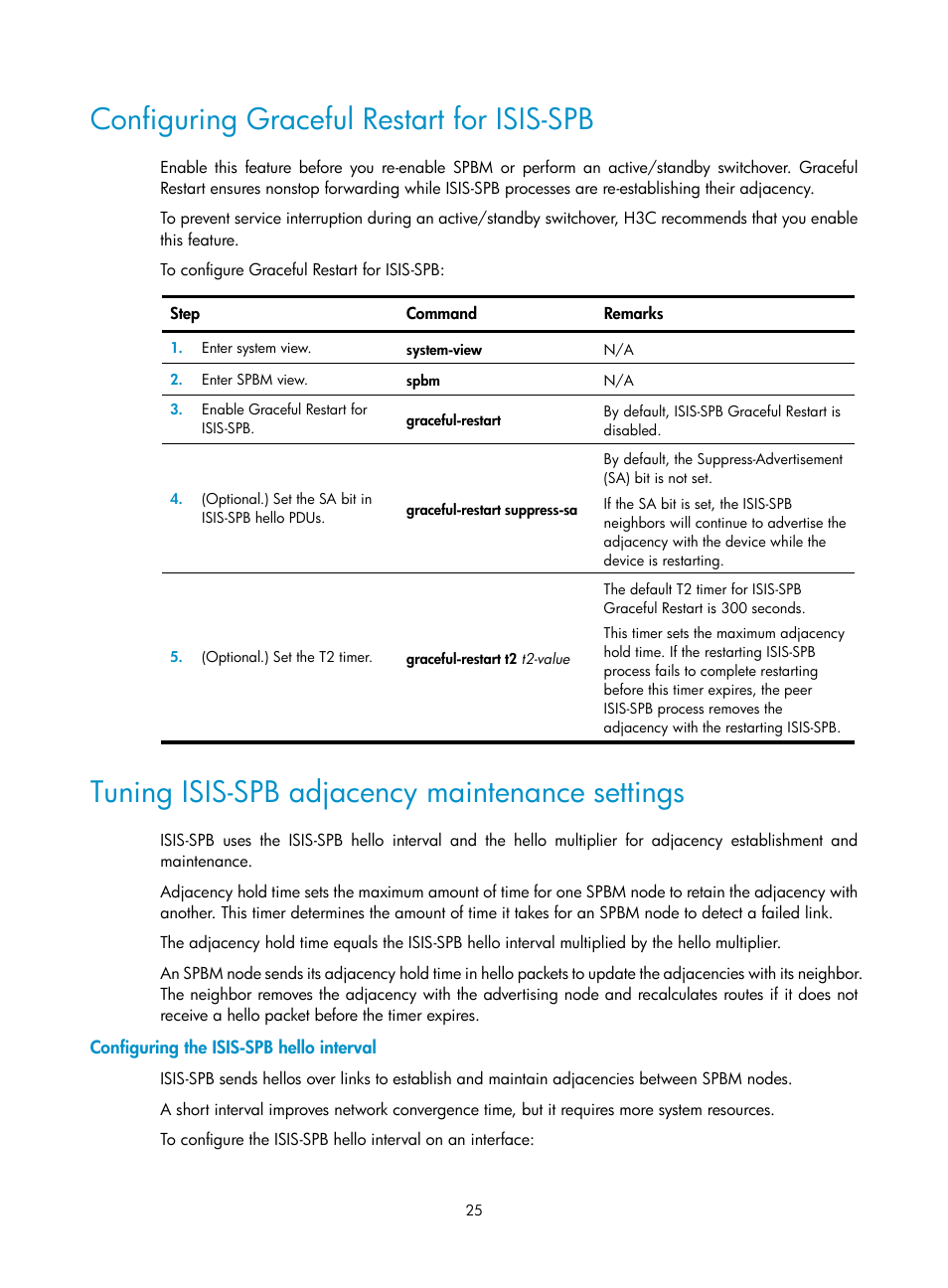 Configuring graceful restart for isis-spb, Tuning isis-spb adjacency maintenance settings, Configuring the isis-spb hello interval | H3C Technologies H3C S12500 Series Switches User Manual | Page 33 / 59