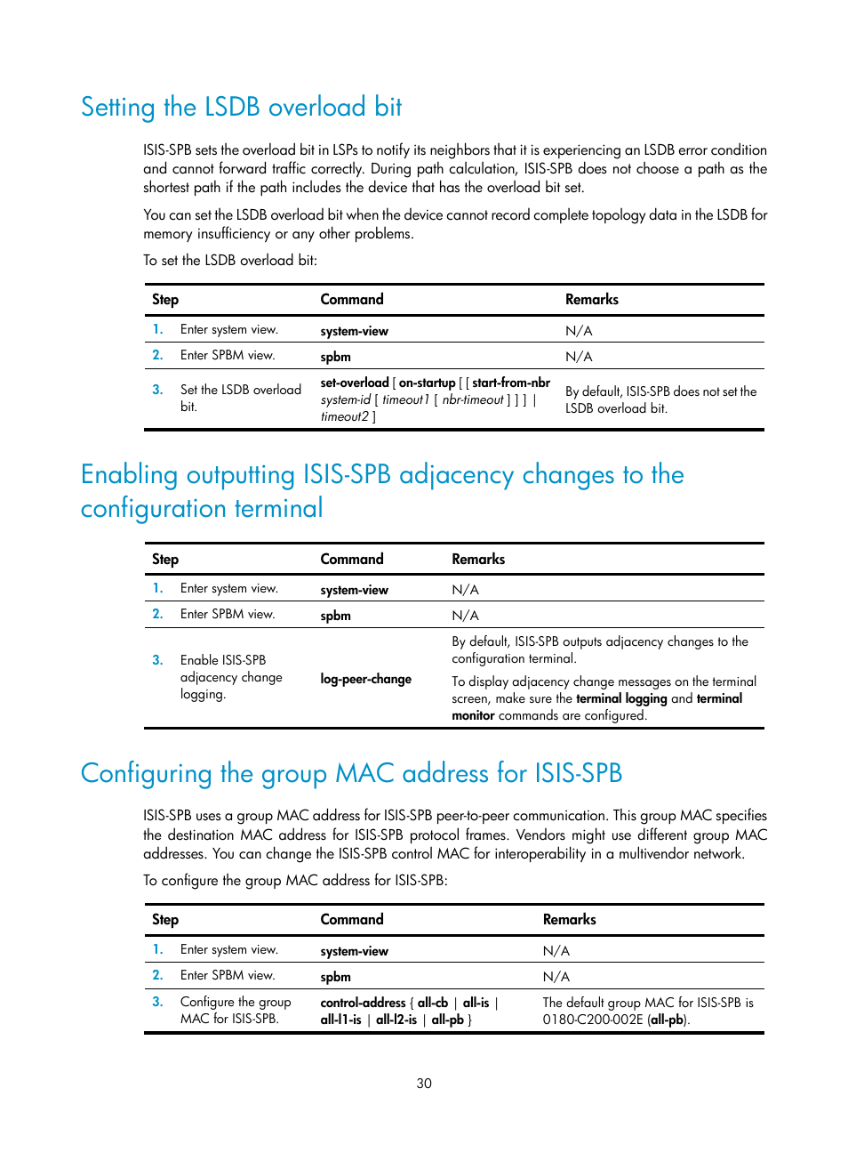 Setting the lsdb overload bit, Configuring the group mac address for isis-spb, Configuration terminal | H3C Technologies H3C S12500 Series Switches User Manual | Page 38 / 59
