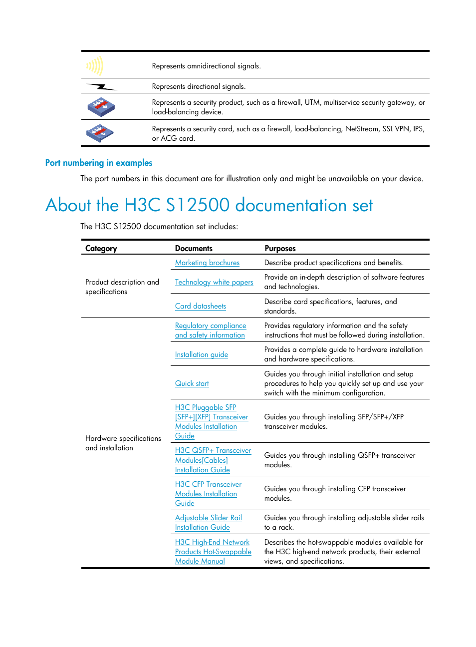 Port numbering in examples, About the h3c s12500 documentation set | H3C Technologies H3C S12500 Series Switches User Manual | Page 5 / 59