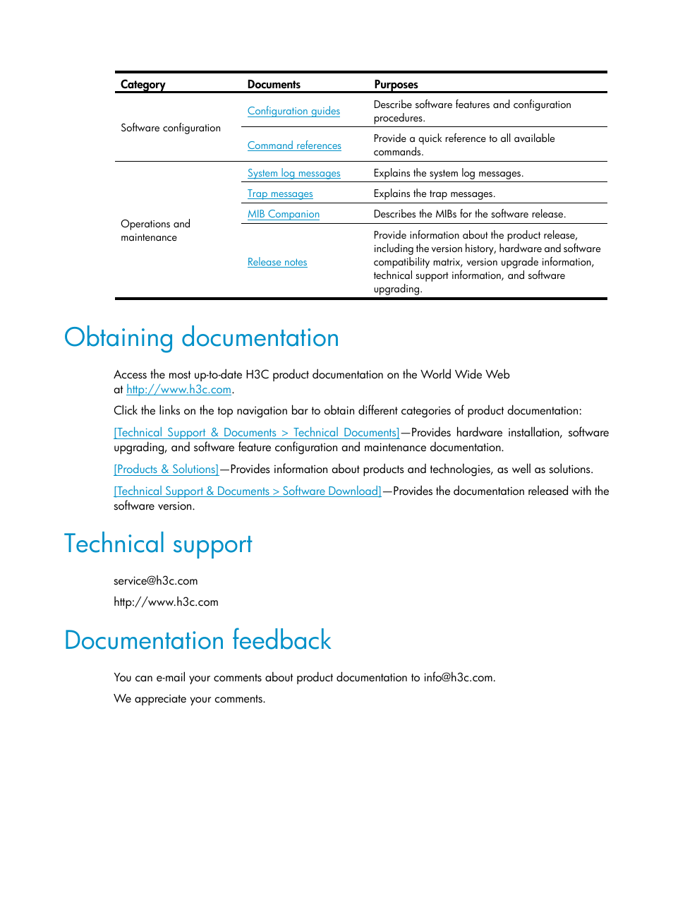 Obtaining documentation, Technical support, Documentation feedback | H3C Technologies H3C S12500 Series Switches User Manual | Page 6 / 59