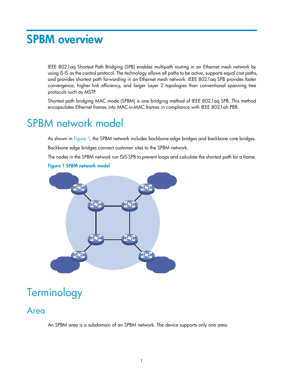 Spbm overview, Spbm network model, Terminology | Area | H3C Technologies H3C S12500 Series Switches User Manual | Page 9 / 59