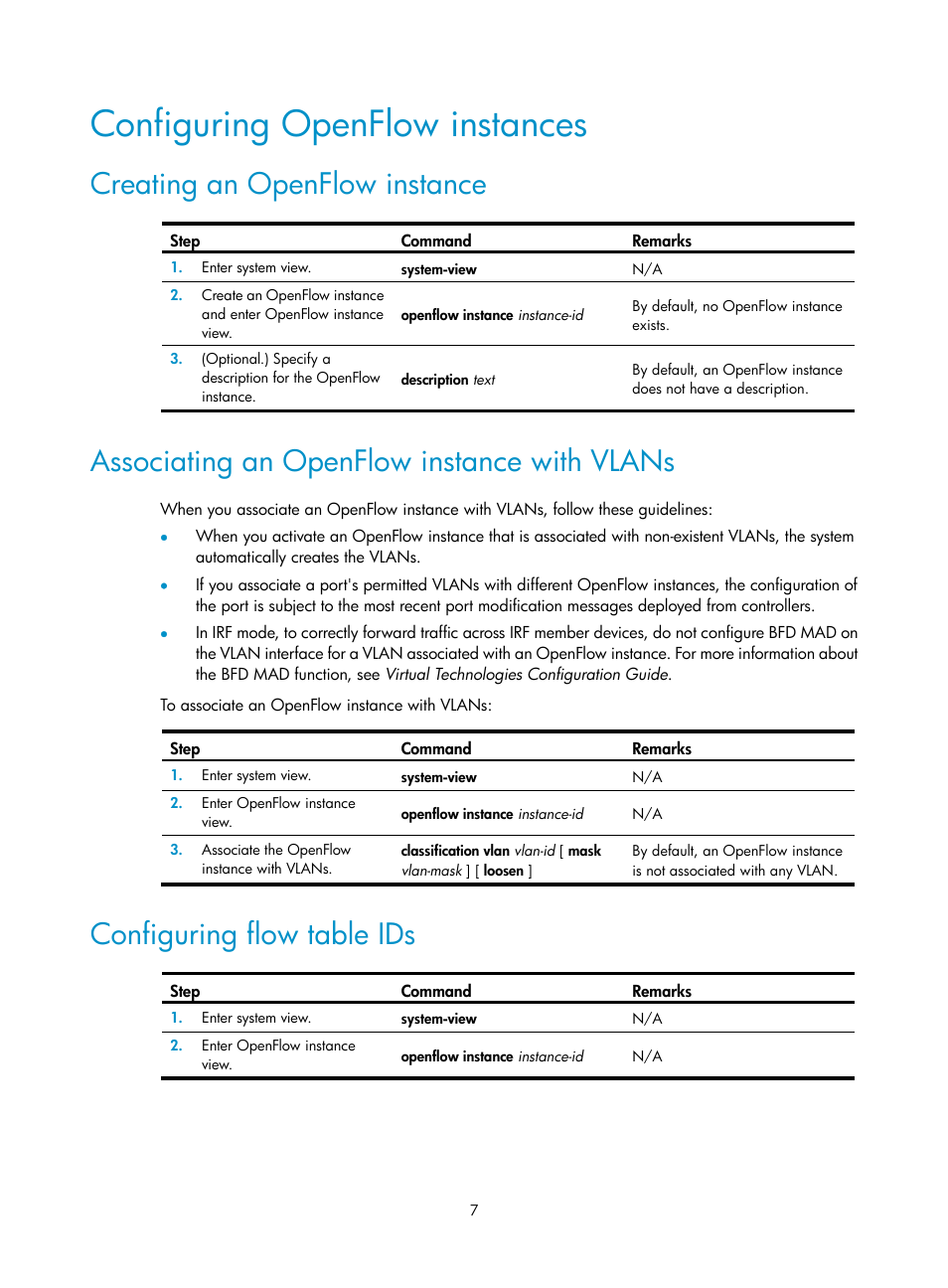 Configuring openflow instances, Creating an openflow instance, Associating an openflow instance with vlans | Configuring flow table ids | H3C Technologies H3C S12500 Series Switches User Manual | Page 14 / 27