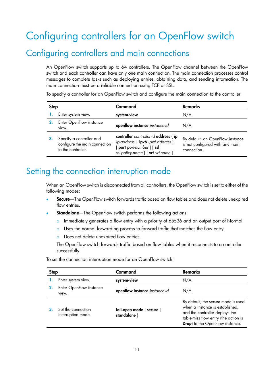 Configuring controllers for an openflow switch, Configuring controllers and main connections, Setting the connection interruption mode | H3C Technologies H3C S12500 Series Switches User Manual | Page 18 / 27