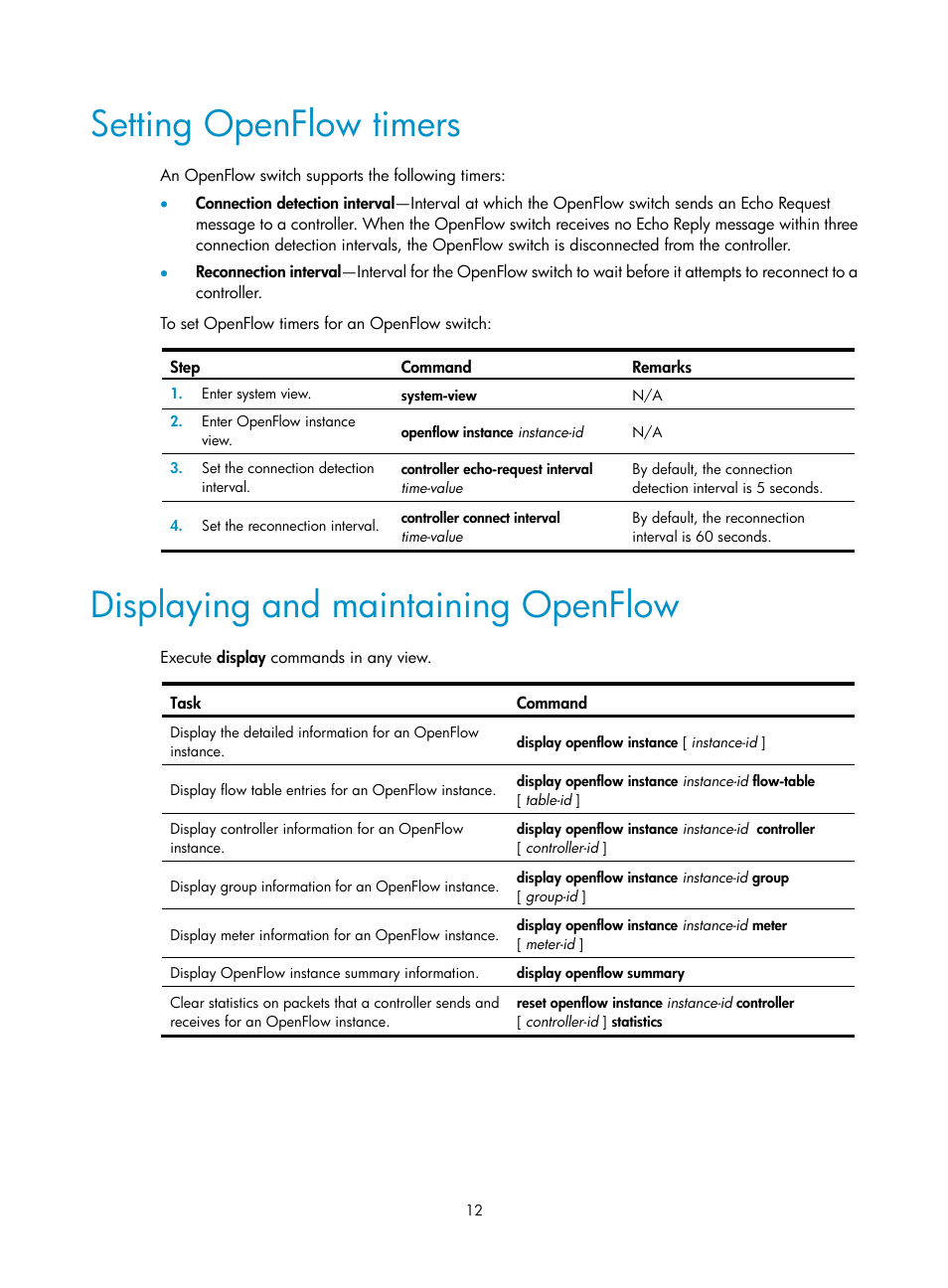 Setting openflow timers, Displaying and maintaining openflow | H3C Technologies H3C S12500 Series Switches User Manual | Page 19 / 27